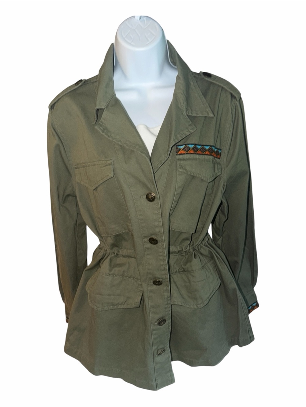 Piombo Women’s Olive Green Cotton Utility Safari Jacket Embroidered Size M NWT